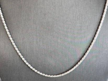 Womens or Mens Vintage Estate Sterling Silver Italian Rope Necklace: A WOMENS VINTAGE ESTATE STERLING SILVER ITALIAN ROPE NECKLACE. NECKLACE WEIGHS 11.3, AND MEASURES 24" LONG BY 1/16" WIDE. THIS WOULD MAKE A LOVELY GIFT FOR SOMEONE SPECIAL. ANY QUESTIONS, PLEASE ASK.