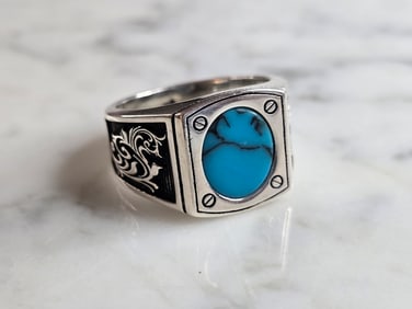 Mens Estate Sterling Silver Modernist Turquoise Ring