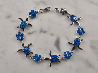 Womens Estate Sterling Silver Blue Opal Sea Turtle Bracelet