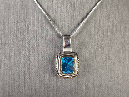 Womens Vintage Estate Sterling Silver Modernist Pendant Necklace: A WOMENS VINTAGE ESTATE STERLING SILVER AQUA OR TOPAZ COLORED MODERNIST PENDANT NECKLACE. NOT SURE IF THE STONE IS NATURAL OR MAN MADE. THE TOTAL WEIGHT IS 5.5g. NECKLACE IS 18" LONG, AND THE