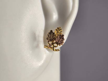 Womens Vintage Estate 10K Gold Grape Leaf Stud Earrings: A PAIR OF WOMENS VINTAGE ESTATE 10K YELLOW & ROSE GOLD GRAPE LEAF STUD EARRINGS. THE EARRINGS WEIGH 0.5g, AND MEASURE 1/4" BY 3/8". EARRINGS COME WITH RUBBER BACKINGS. ANY QUESTIONS PLEASE DONT