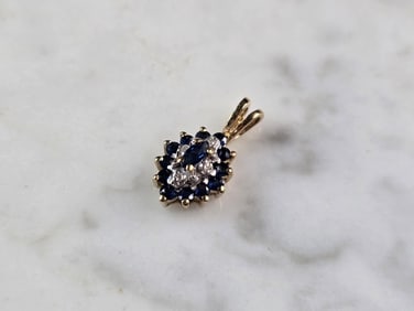 Womens Vintage Estate 10K Yellow Gold Sapphire & Diamond Pendant