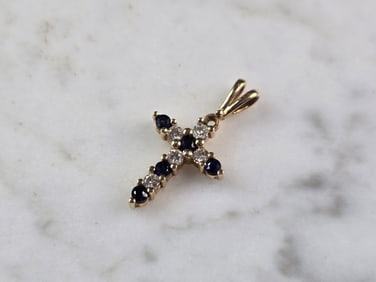 Womens Vintage 10K Gold Sapphire Diamond Religious Cross Pendant