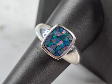Womens Mens Vintage Estate Sterling Silver Mosaic Opal Ring