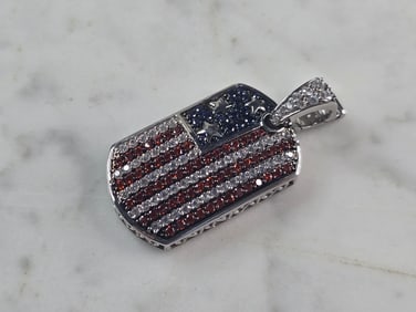 Womens Vintage Estate Sterling Silver American Flag CZ Pendant
