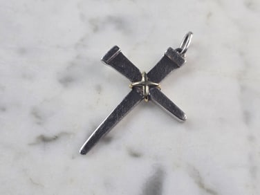 Vintage Sterling Silver & 14K Gold JM Religious Cross Nail Pendant