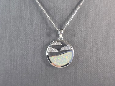 Womens Sterling Silver Opal Ocean Wave Cloud Pendant Necklace