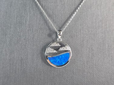 Womens Sterling Silver Blue Opal Ocean Wave Cloud Pendant Necklace