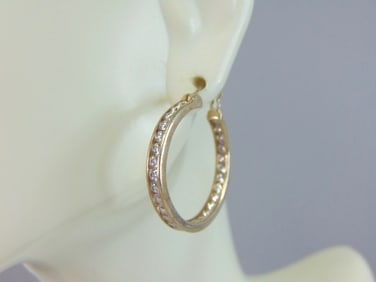 Womens Vintage Estate Sterling Silver CZ Hoop Earrings