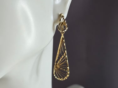 Pr Womens Vintage Estate 14K Yellow Gold Filigree Dangle Earrings