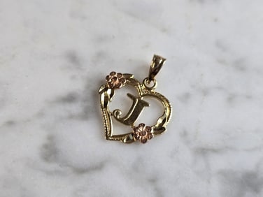 Womens Vintage Estate 14k Multi Gold Rose Heart J Pendant