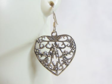 Womens Vintage Sterling Silver Dangle Heart Earrings