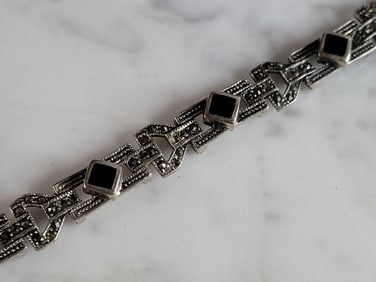 Womens Vintage Estate Sterling Silver Onyx Bracelet