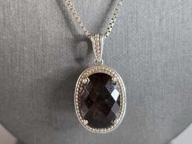 Womens Vintage Sterling Silver Smoky Quartz Pendant Necklace