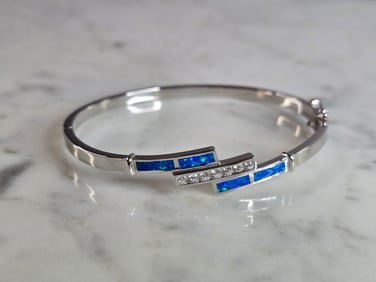 Womens Estate Sterling Silver Modernist Opal Bangle Bracelet