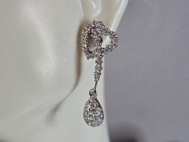 Womens Vintage Estate Sterling Silver CZ Dangle Heart Earrings