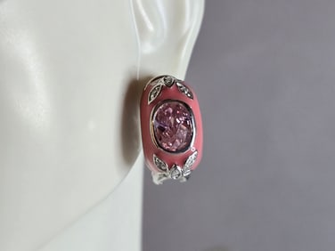 Womens Vintage Estate Sterling Silver Pink Enamel Earrings