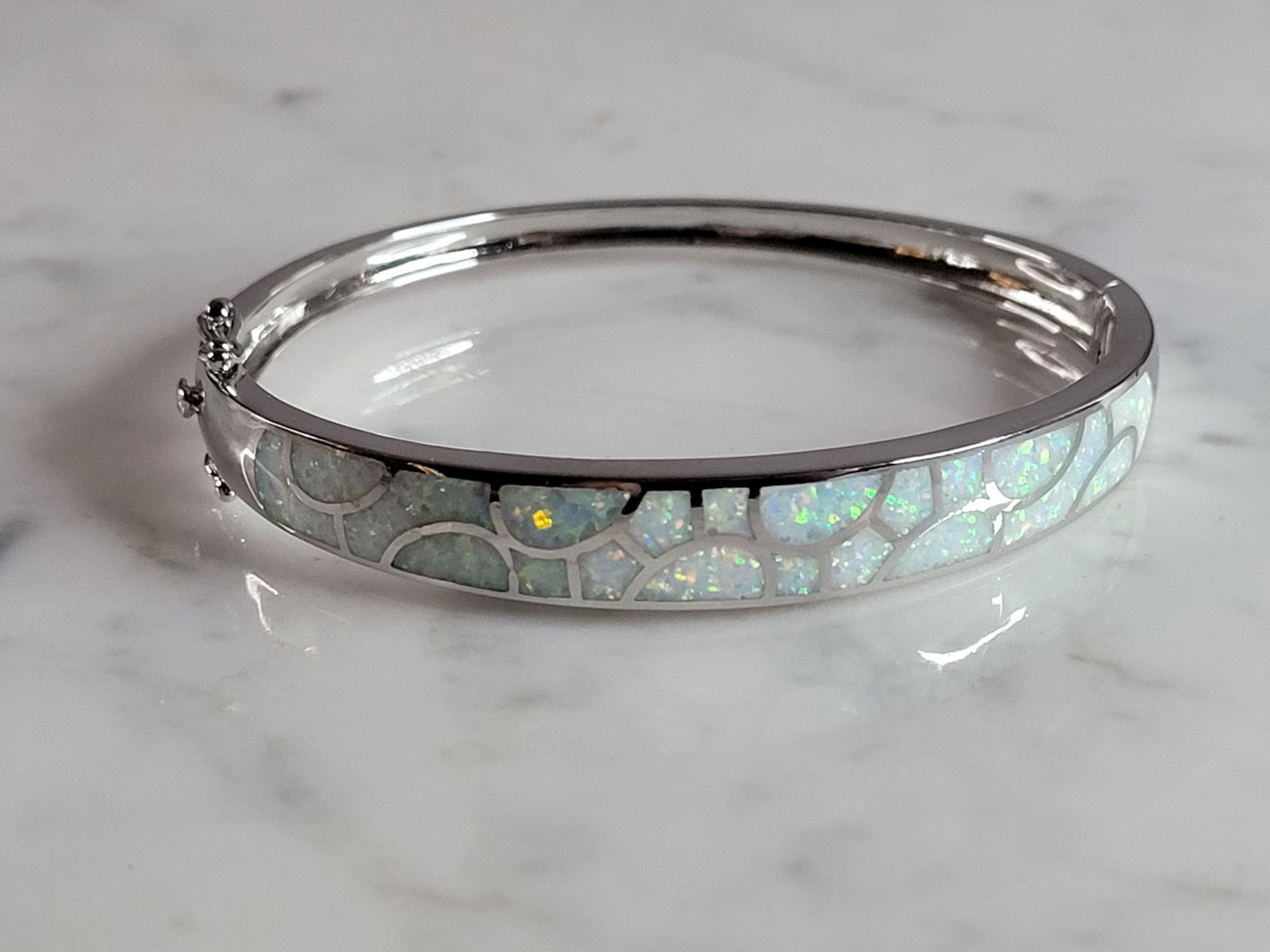 Womens Estate Sterling Silver Modernist Opal Bangle Bracelet (1 of 4)