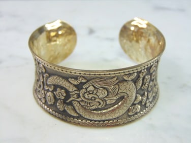 Womens Vintage Estate Silver Plated Copper Chinese Cuff Bracelet