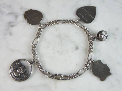 Womens Vintage Estate Sterling Silver Charm Bracelet: FOR SALE IS A LOVELY VINTAGE ESTATE STERLING SILVER CHARM BRACELET, THAT WEIGHS 22.5g. THE BRACELET MEASURES 7 1/4" LONG BY 1/4" WIDE. BRACELET COMES WITH FIVE CHARMS. ANY QUESTIONS PLEASE DO NOT HESI