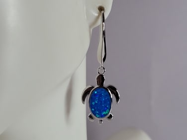 Womens Sterling Silver Blue Opal Sea Turtle Earrings