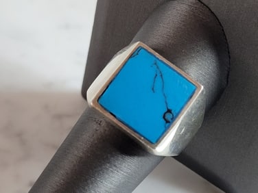 Mens Vintage Estate Sterling Silver Turquoise Modernist Ring