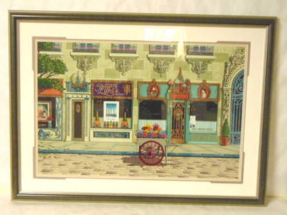 LIMITED DAVID FARRELL FRENCH STORE FRONT RUSSIAN LITHO: A BEAUTIFUL LIMITED EDITION SERIGRAPH OF A FRENCH STORE FRONT IN THE RUSSIAN DISTRICT OF PARIS THAT WAS DONE BY DAVID FARRELL. PIECE MEASURES 48 1/2" BY 35 1/2" AND IS IN GREAT CONDITION. AS YOU