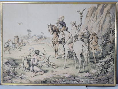 Decorative Vintage Persian Falconry Scene Tapestry: A LOVELY DECORATIVE TAPESTRY WITH A MIDDLE EASTERN FALCONRY SCENE. PIECE MEASURES 35 3/8" LONG BY 25 3/8" WIDE AND IS IN GOOD CONDITION. AS YOU MAY BE ABLE TO SEE IN THE PICS THE FRAME HAS SOME BLEMIS
