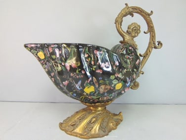 Vintage Porcelain & Brass Floral Shell Compote Bowl