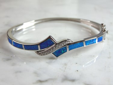 Womens Sterling Silver Modernist Opal Bangle Bracelet