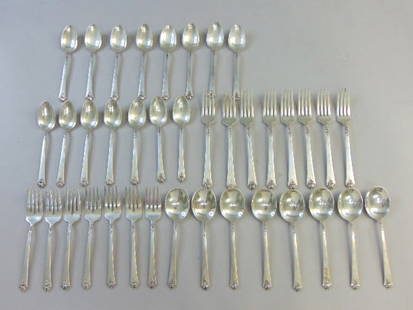 Royal Crest Sterling Silver Castle Rose Flatware Set: A LOVELY SET OF ROYAL CREST STERLING SILVER CASTLE ROSE FLATWARE. IN THE SET THERE ARE A TOTAL OF 38PCS, WITH A TOTAL WEIGHT OF 2.78LBS. SET HAS A CASTLE ROSE PATTERN. SET INCLUDES 7 SALAD FORKS, 8 SO