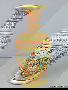 Small Decorative Hand Painted Natural Marble Vase: THIS WONDERFUL SMALL DECORATIVE MARBLE VASE THAT HAS BEEN HOLLOWED OUT FROM A SOLID PIECE OF MARBLE, HAND PAINTED WITH JEWEL TONE COLORS AND GOLD LEAF PAINT, AND THEN ACCENTED WITH SPARKLING DIAMOND C