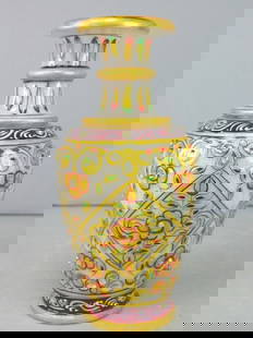Small Decorative Hand Painted Natural Marble Vase: THIS WONDERFUL SMALL DECORATIVE MARBLE VASE THAT HAS BEEN HOLLOWED OUT FROM A SOLID PIECE OF MARBLE, HAND PAINTED WITH JEWEL TONE COLORS AND GOLD LEAF PAINT, AND THEN ACCENTED WITH SPARKLING DIAMOND C