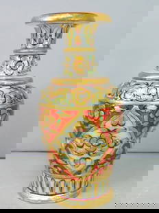 Small Decorative Hand Painted Natural Marble Vase: THIS WONDERFUL SMALL DECORATIVE MARBLE VASE THAT HAS BEEN HOLLOWED OUT FROM A SOLID PIECE OF MARBLE, HAND PAINTED WITH JEWEL TONE COLORS AND GOLD LEAF PAINT, AND THEN ACCENTED WITH SPARKLING DIAMOND C