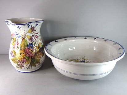 Vintage Estate Decorative Floral Porcelain Wash Basin & Pitcher: A LOVELY VINTAGE ESTATE DECORATIVE FLORAL PORCELAIN WASH BASIN & PITCHER BY ANTIONIO ZEN NOVE. PITCHER MEASURES ABOUT 9" TALL BY 8 7/8" LONG AND 6 1/4" WIDE, THE BOWL MEASURES 4 5/8" TALL BY 13 1/2" W