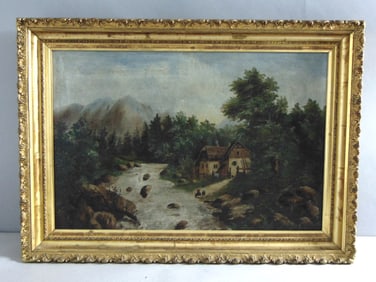 Vintage Artist Signed Mountain Scene Painting On Canvas