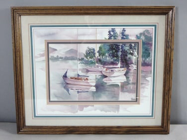 Vintage Signed Sail Boats Watercolor Framed Art Print