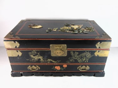 Vintage Chinese Decorative Carved Jade & Soap Stone Jewelry Box
