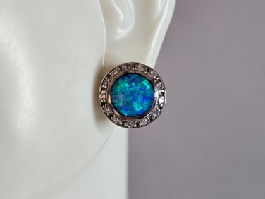 Womens Vintage Estate Sterling Silver Opal CZ Stud Earrings
