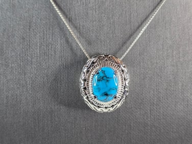 Womens Vintage Estate Sterling Silver Turquoise Pendant & Necklace