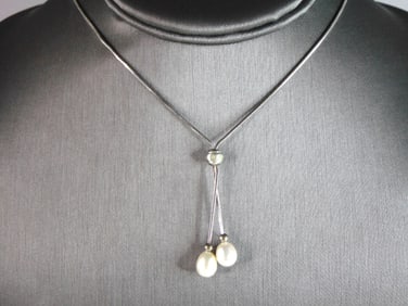 Womens Vintage Estate Sterling Silver Modernist Faux Pearl Necklace