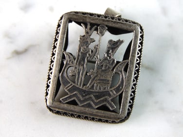 Womens Vintage Estate Sterling Silver Egyptian Brooch Pendant