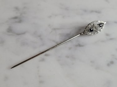 Womens Vintage Estate 14K Art Deco White Gold Diamond Sapphire Pin