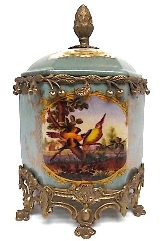 VICTORIAN STYLE FLORAL PORCELAIN TOBACCO JAR: Up for sale is this wonderful Victorian biscuit jar or tobacco jar with what I believe to be brass or bronze accents. The piece measures about 9 1/4" tall, by about 6" wide. Piece is in great conditio