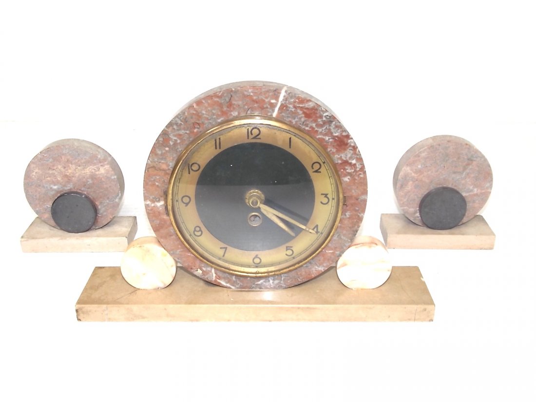 VINTAGE ANTIQUE ART DECO MARBLE CLOCK SET: Up for sale is this wonderful, decorative antique art deco marble clock set. The clock measures 8 3/4" tall by 13 1/2" long by 2 3/4" wide. The little bookends measure 5" by 5" by 2 1/4" Not sure who