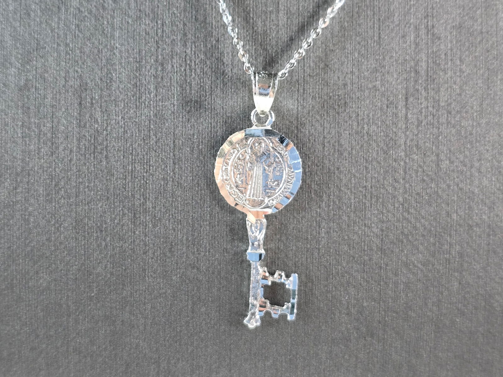 Womens Sterling Silver Religious Saint Benedict Key Pendant Necklace (1 of 4)