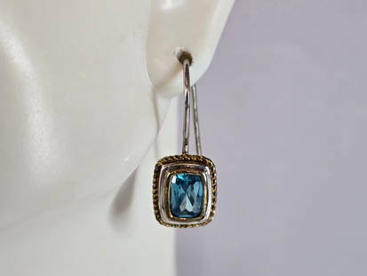 Womens Estate Sterling Silver Aqua Dangle Earrings: A PAIR OF WOMENS ESTATE STERLING SILVER AQUA COLORED DANGLE EARRINGS. EARRINGS WEIGH 3.4g AND MEASURE 7/8" LONG BY 3/8" WIDE. ANY QUESTIONS, PLEASE DO NOT HESITATE TO ASK. BE SURE TO CHECK OUT SOME OF