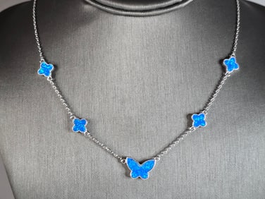 Womens Estate Sterling Silver Modernist Butterfly Opal Necklace