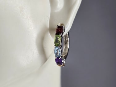 Womens Estate Sterling Silver Multi Stone Hoop Earrings