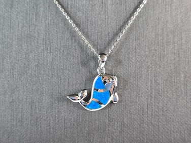 Womens Sterling Silver Blue Opal Fish Pendant Necklace